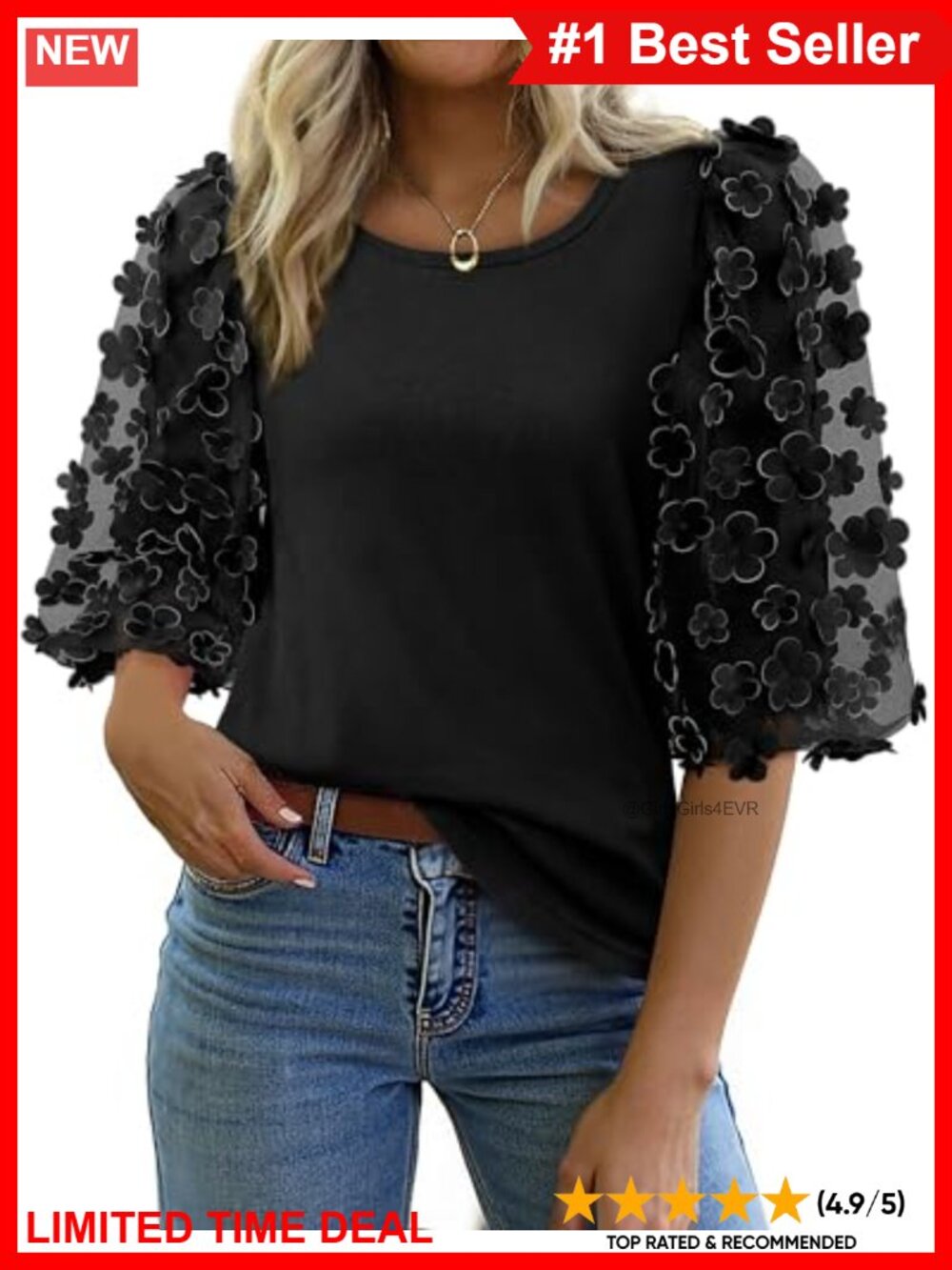 Women's Cotton 3/4 Puff Sleeve Blouse Mesh Applique Casual Tee